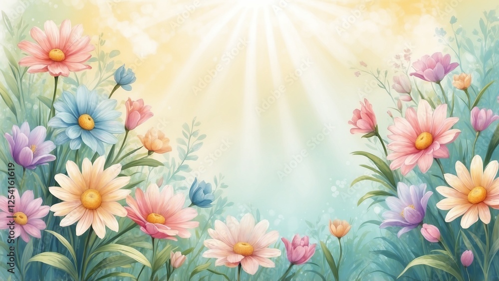 Floral Easter Background with Pastel Gradient, Hand-Drawn Flower Textures, and Soft Sunlight Floral Easter Background with Pastel Gradient, Hand-Drawn Flower Textures, and Soft Sunlight
