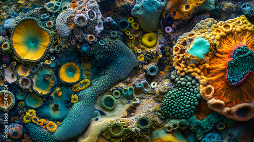 Vibrant Mosaic of Lichen Communities on a Rugged Rock Surface photo