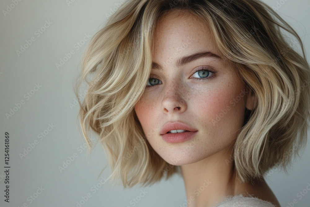 Fototapeta premium Blonde woman with wavy bob hairstyle, gazing at sunset on a deserted beach, waves gently lapping the shore, creating a serene atmosphere.