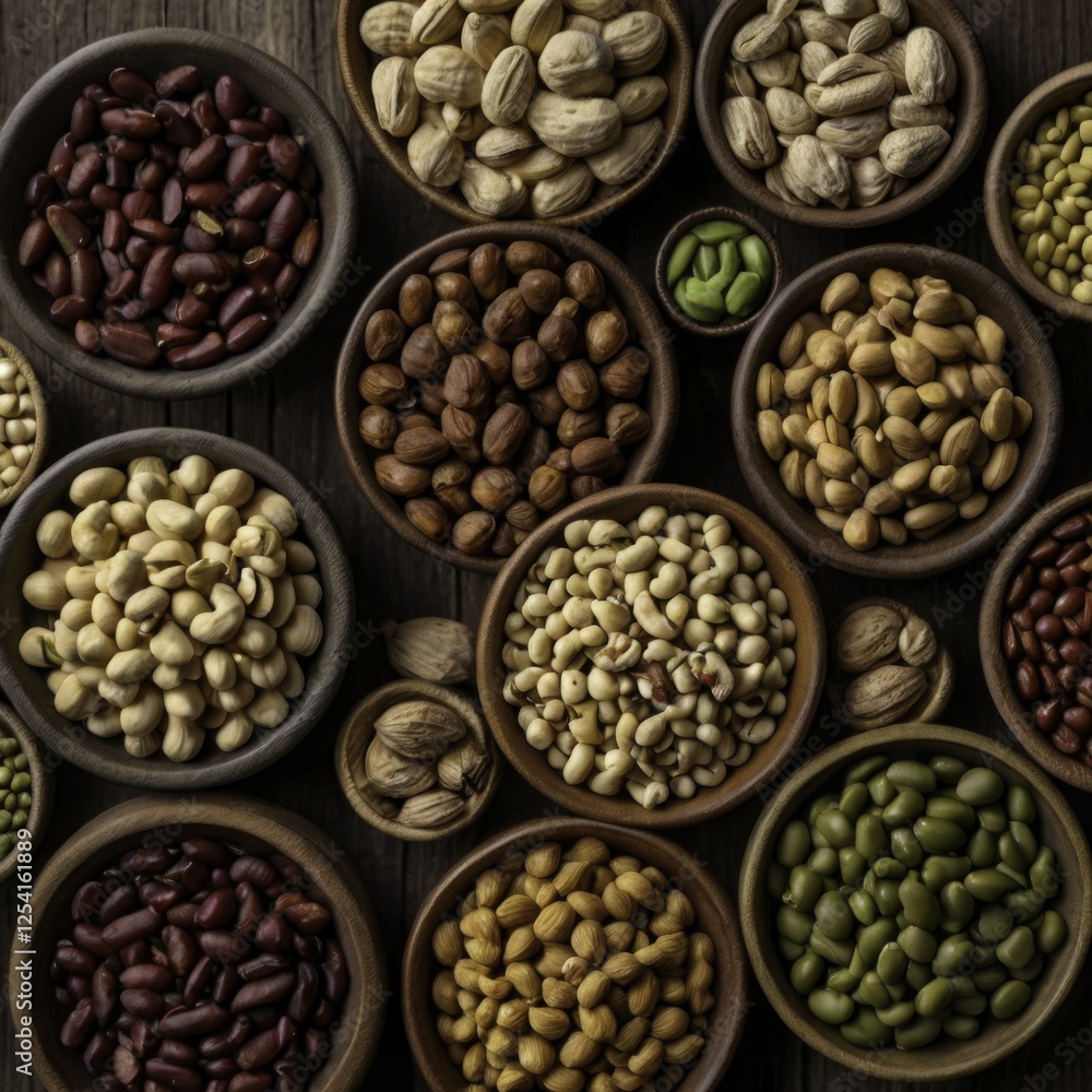 Assortment of Legumes and Nuts in Bowls on Rustic Wooden Table, Featuring Chickpeas, Kidney Beans, Mung Beans, Black Beans, Lentils, Peanuts, Almonds, Walnuts, and Cashews, Warm and Earthy Tone, Gener Assortment of Legumes and Nuts in Bowls on Rustic Wooden Table, Featuring Chickpeas, Kidney Beans, Mung Beans, Black Beans, Lentils, Peanuts, Almonds, Walnuts, and Cashews, Warm and Earthy Tone, Gener