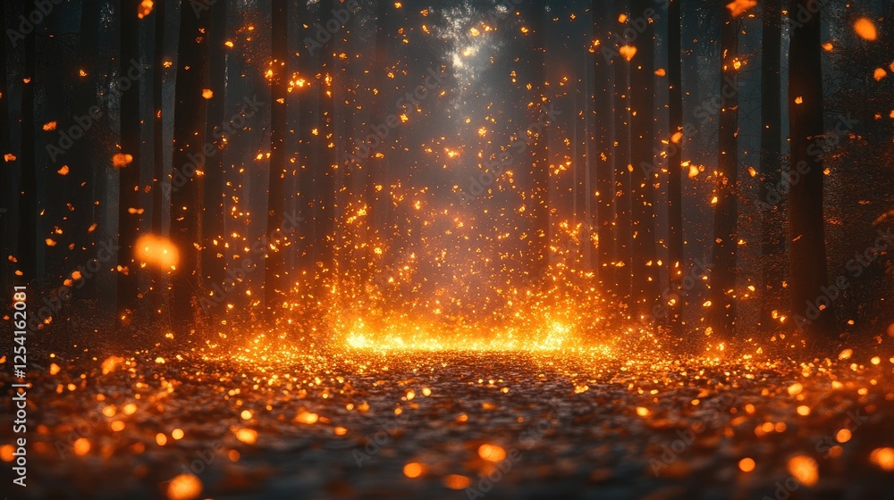 A mystical forest scene illuminated by glowing embers, creating an enchanting atmosphere. A mystical forest scene illuminated by glowing embers, creating an enchanting atmosphere.