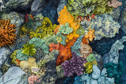 Vibrant Mosaic of Lichen Communities on a Rugged Rock Surface photo