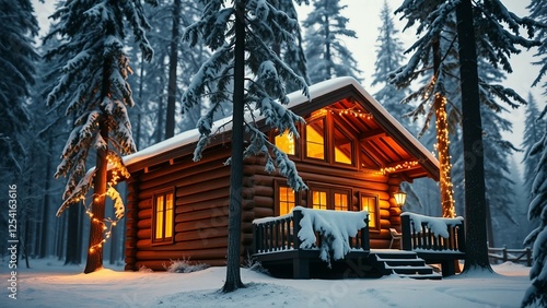 Wallpaper Mural A cozy log cabin nestled in a snowy forest, with warm golden light spilling from its windows, surrou Torontodigital.ca