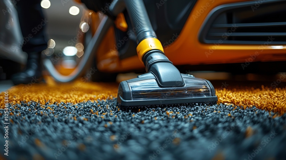 A washerman is using a hoover to clean the automobile carpet, frothing up the interior of the car in a garage while wearing gloves A washerman is using a hoover to clean the automobile carpet, frothing up the interior of the car in a garage while wearing gloves