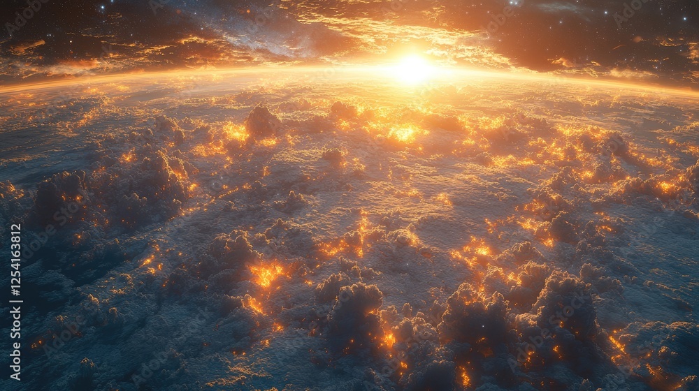 Fototapeta premium A breathtaking view of Earth from space at sunrise, showcasing vibrant clouds and light.