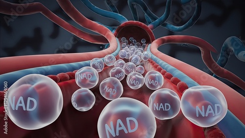 It involves NAD molecules combining with blood cells and integrating into metabolism