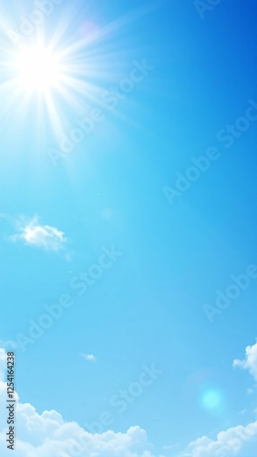 Bright Sun Shining in a Clear Blue Sky with Fluffy White Clouds, Summer Background, Photograph
