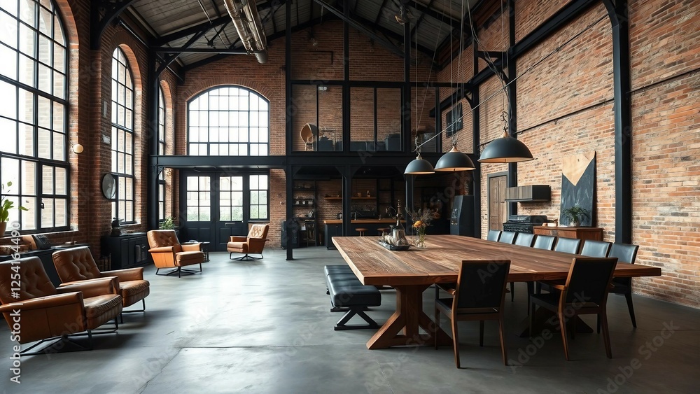 Naklejka premium A spacious industrial loft with exposed brick walls, high ceilings with black steel beams, and floor