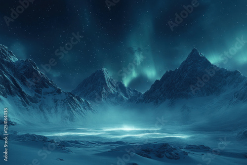 Snowy mountain under bright green aurora.