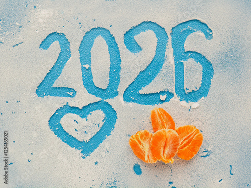 Glass with frost and hand written sign 2026 and heart and a clean mandarin pieces. Blue background. New Year celebration concept. photo