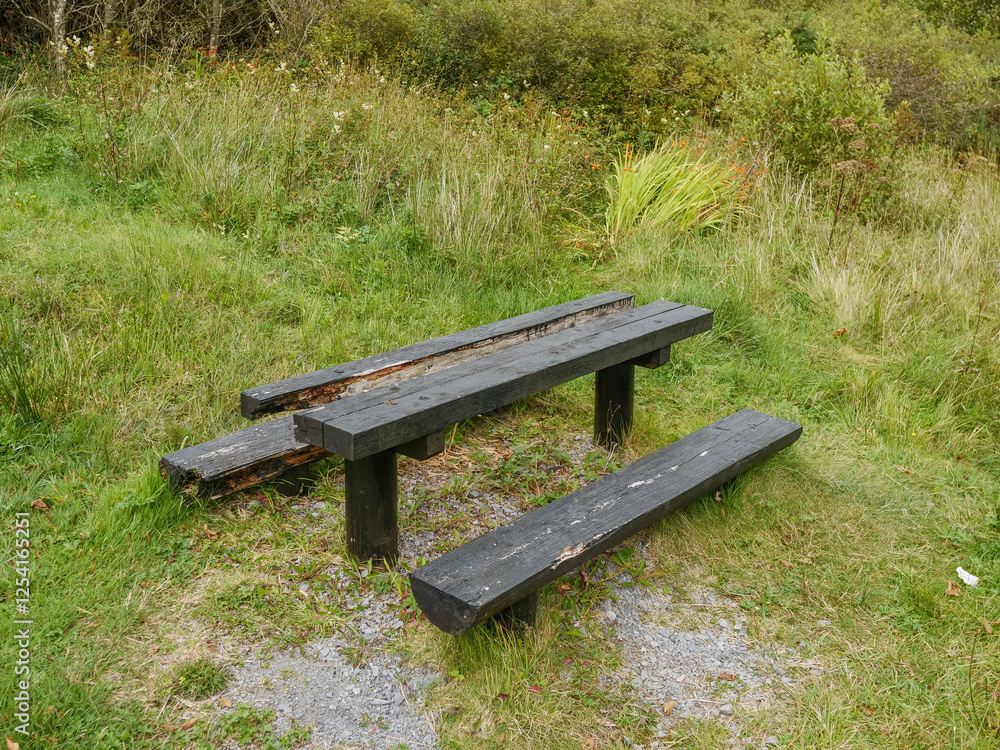 Old worn out wooden table in park with a one part broken and missing. Green grass around. Park maintenance and anti social behavior concept. Poor quality of material lead to quick wear and tear. Old worn out wooden table in park with a one part broken and missing. Green grass around. Park maintenance and anti social behavior concept. Poor quality of material lead to quick wear and tear.