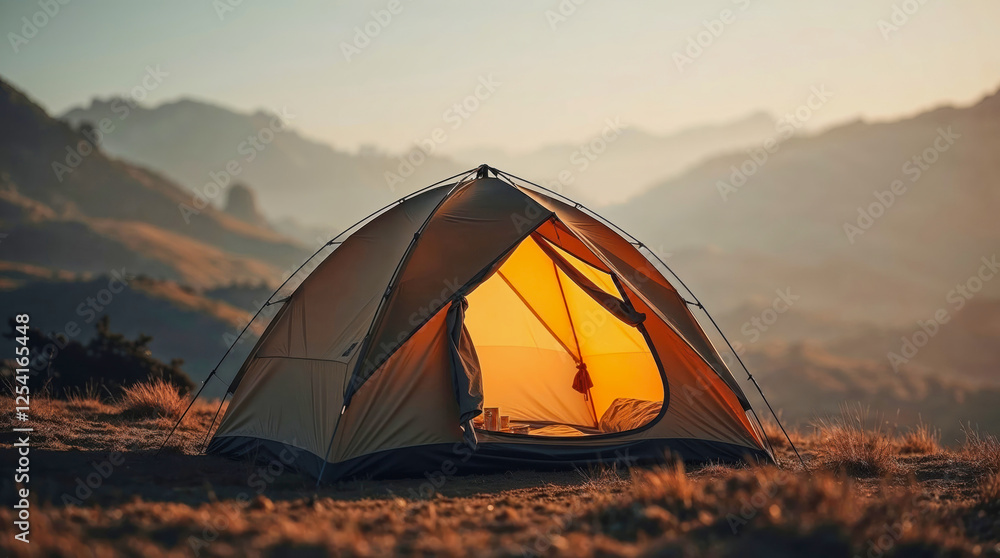 Campsite with a cozy tent during sunrise in a mountainous area Campsite with a cozy tent during sunrise in a mountainous area
