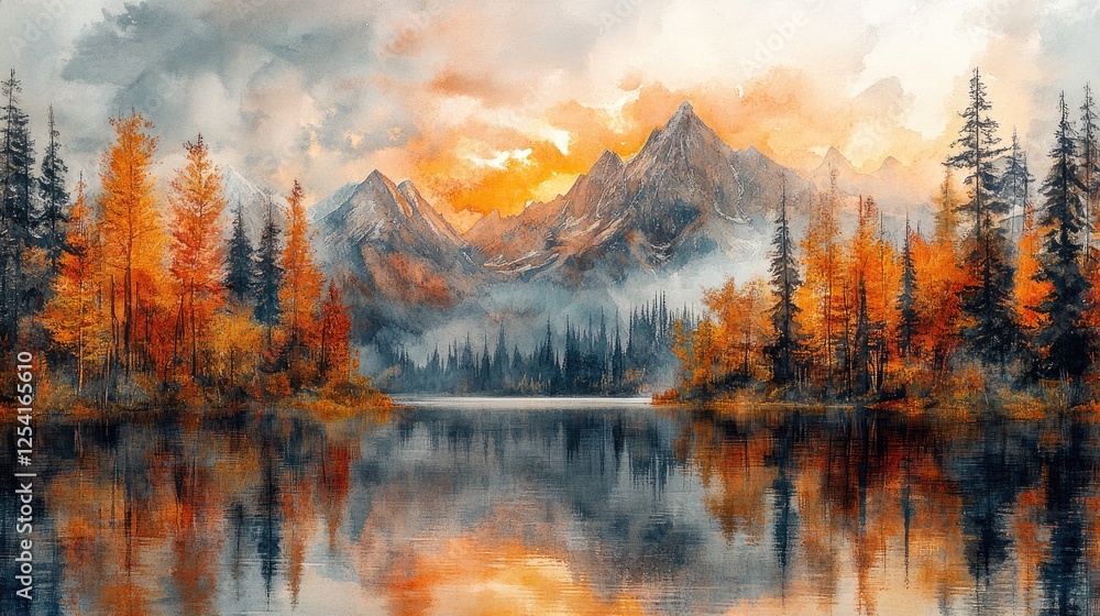 Fototapeta premium Serene autumn landscape with mountains reflecting in a calm lake at sunset.