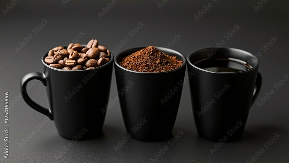 Creative Coffee Evolution Concept with Three Black Mugs Containing Beans Ground and Liquid Coffee Creative Coffee Evolution Concept with Three Black Mugs Containing Beans Ground and Liquid Coffee