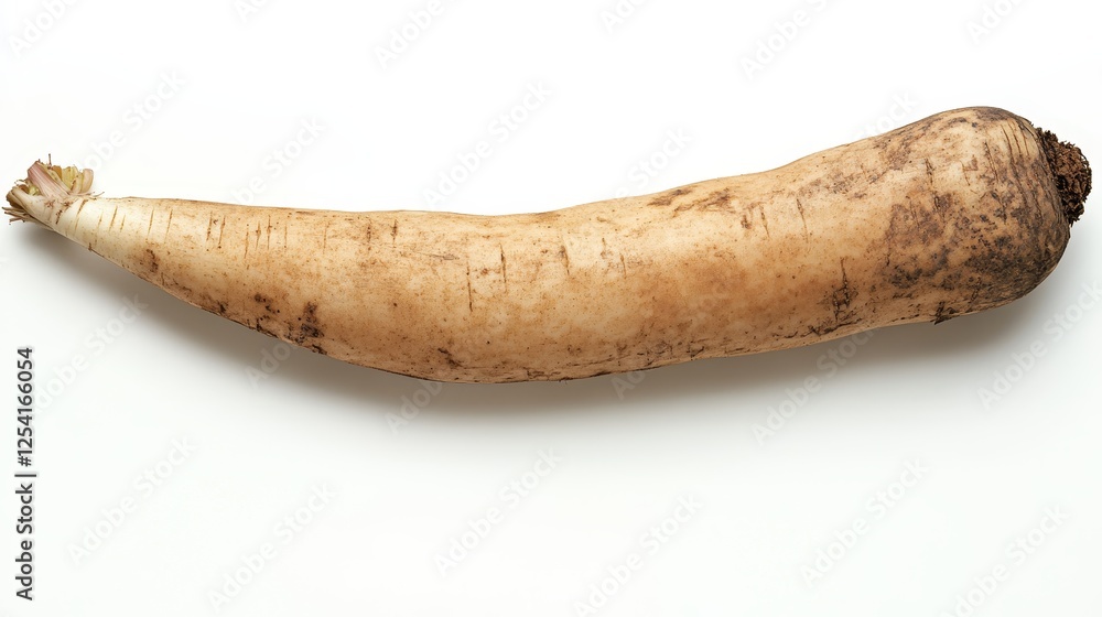 Fresh daikon radish captured from above on a white background, with a clearly defined outline for easy editing and design integration. Fresh daikon radish captured from above on a white background, with a clearly defined outline for easy editing and design integration.