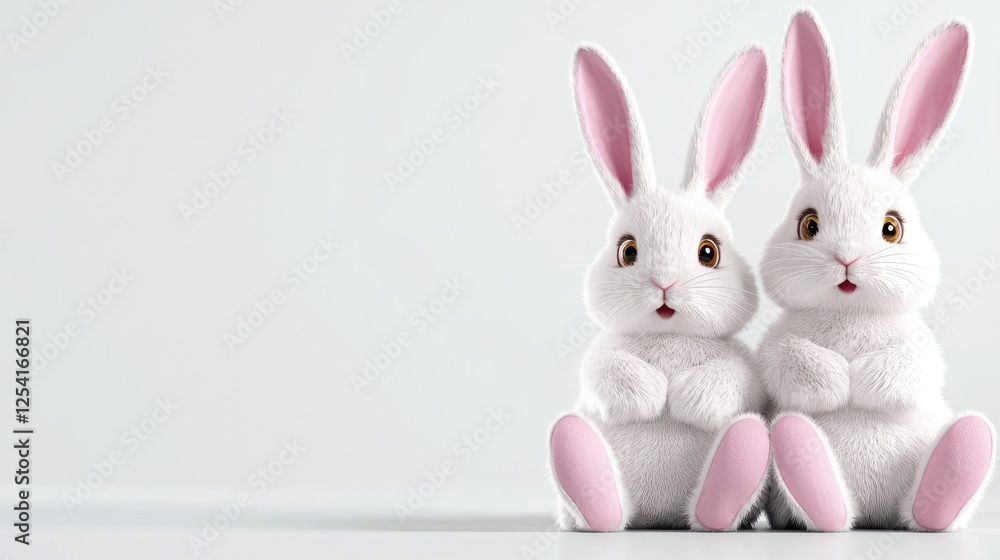 Obraz premium Two white rabbits sitting, Easter greeting card