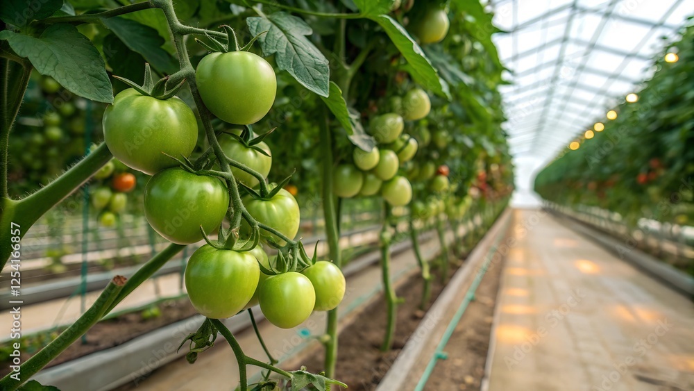 Unripe organic green tomatoes growing in a greenhouse. Close up.
Unripe organic green tomatoes growing in a greenhouse. Close up.