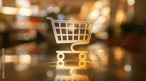 A glowing hologram of a shopping cart logo floating above a smartphone screen, with animated elements representing the dynamic nature of online shopping. photo