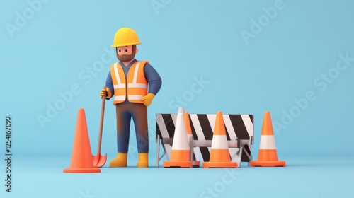 3D Render of Construction Worker with Traffic Cones and Barricade Safety First Roadwork Under Construction