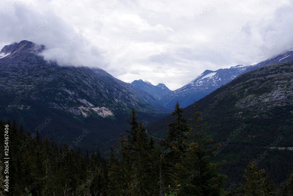 A stunning view of a mountain valley near Skagway, Alaska, with towering peaks partially shrouded in clouds and evergreen trees in the foreground. A stunning view of a mountain valley near Skagway, Alaska, with towering peaks partially shrouded in clouds and evergreen trees in the foreground.
