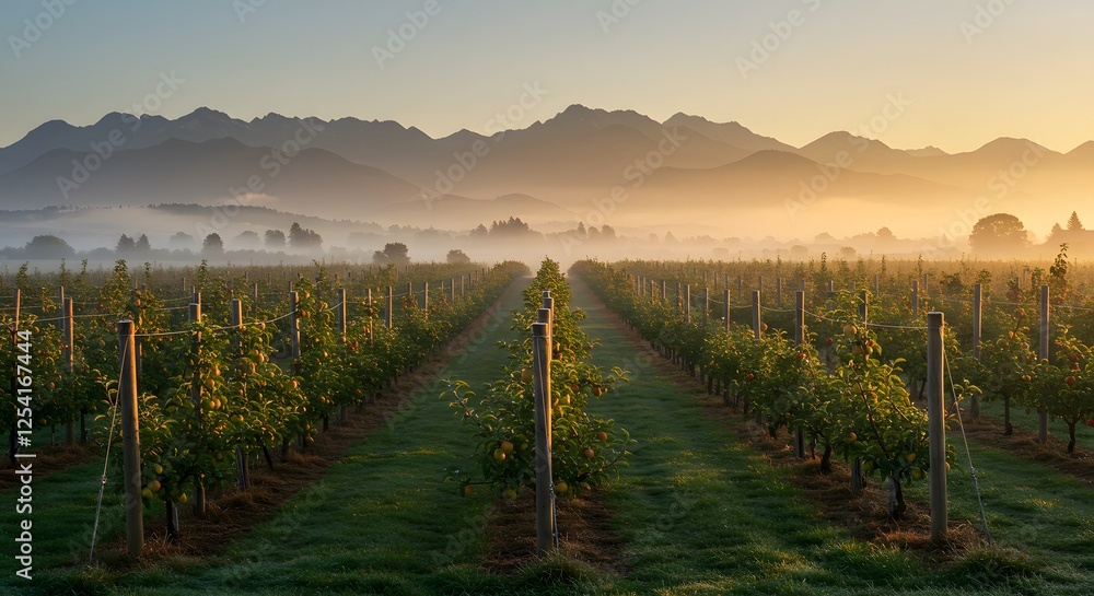 Obraz premium Vineyard Row View with Mountains in Fog at Early Morning