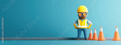 Construction Worker Cartoon 3D Render: Safety First,  Roadwork Ahead, Blue Background
