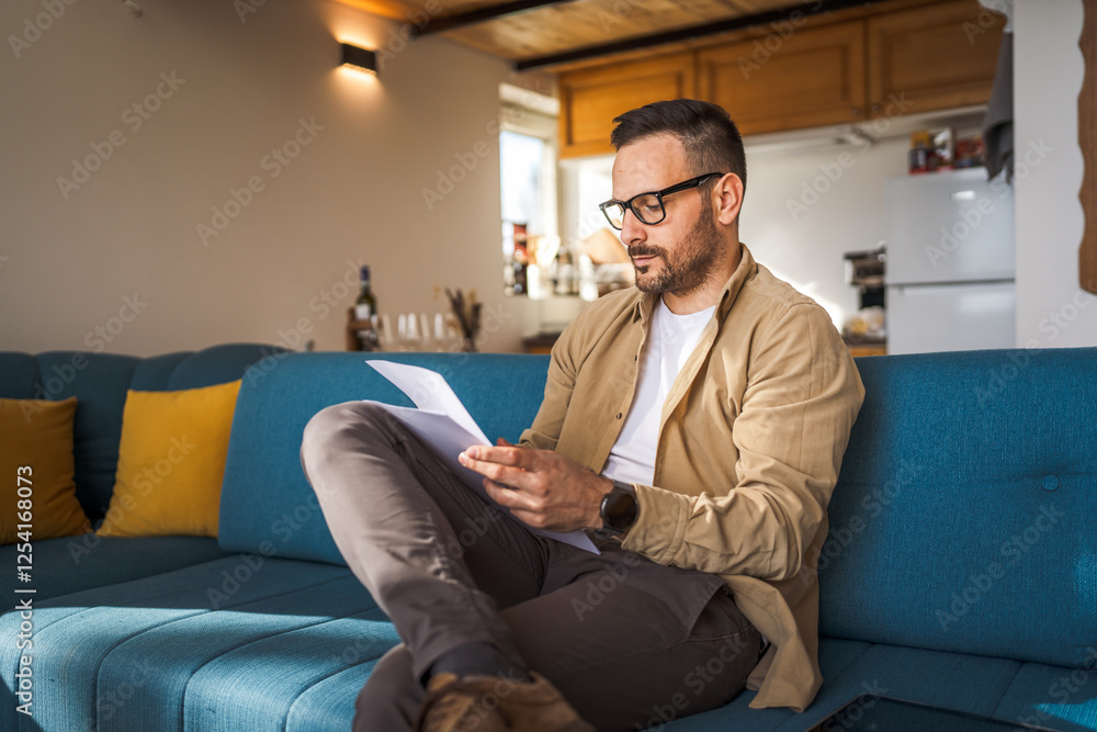 Adult man with eyeglasses read and watch document work at home Adult man with eyeglasses read and watch document work at home