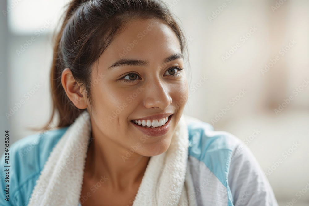 Portrait of happy smiling Asian fitness beautiful woman with a white towel around his neck in GYM Portrait of happy smiling Asian fitness beautiful woman with a white towel around his neck in GYM