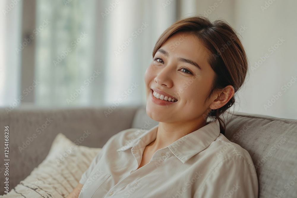Portrait of happy smiling Asian woman sitting in sofa at home Portrait of happy smiling Asian woman sitting in sofa at home