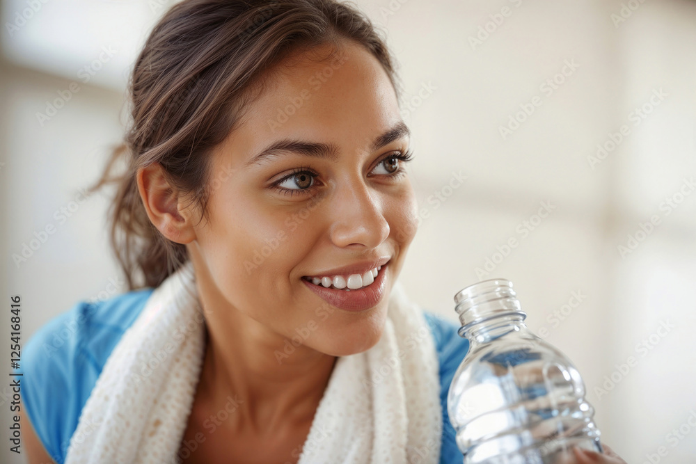 Face of happy smiling young fitness beautiful woman drinking water with a white towel around his neck Face of happy smiling young fitness beautiful woman drinking water with a white towel around his neck