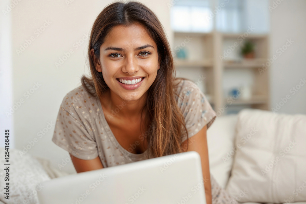 Portrait of happy student Hispanic beautiful woman with laptop looking at camera Portrait of happy student Hispanic beautiful woman with laptop looking at camera