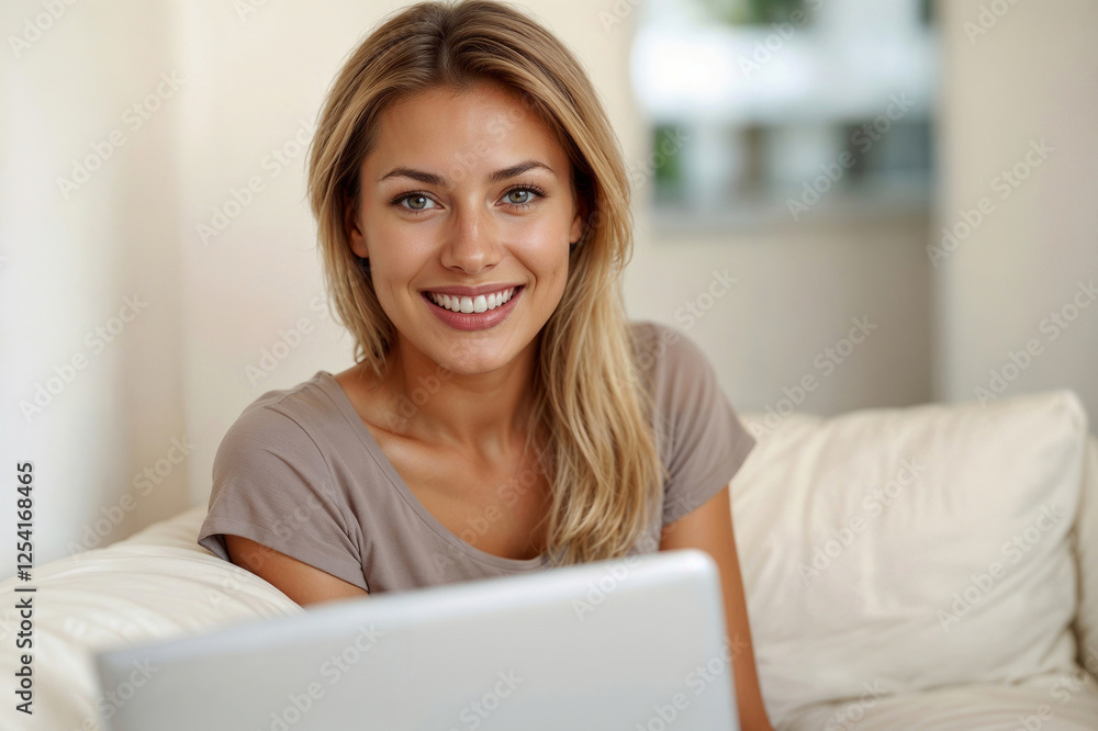 Portrait of happy smiling beautiful woman with laptop looking at camera at home Portrait of happy smiling beautiful woman with laptop looking at camera at home