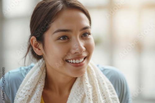 Free Download Closeup face of happy smiling Asian fitness beautiful woman with a white towel around his neck - GFXLoad
