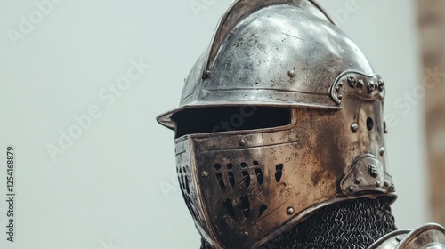 Medieval helmet with visor and gorget on display against a white backdrop, showcasing the intricate craftsmanship of armor from that era.  photo