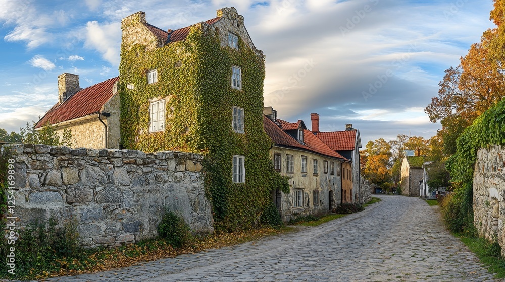 Naklejka premium Picturesque view of the ancient city wall adorned with ivy, surrounding the medieval Visby city on Gotland, Sweden. 