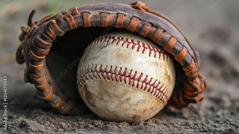 Baseball glove with ball, close-up of a baseball in a glove, dirt field in the background Baseball glove with ball, close-up of a baseball in a glove, dirt field in the background