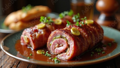  Traditional Polish Cuisine: Beef Rolls with Bacon, Pickles and Onions in Gravy