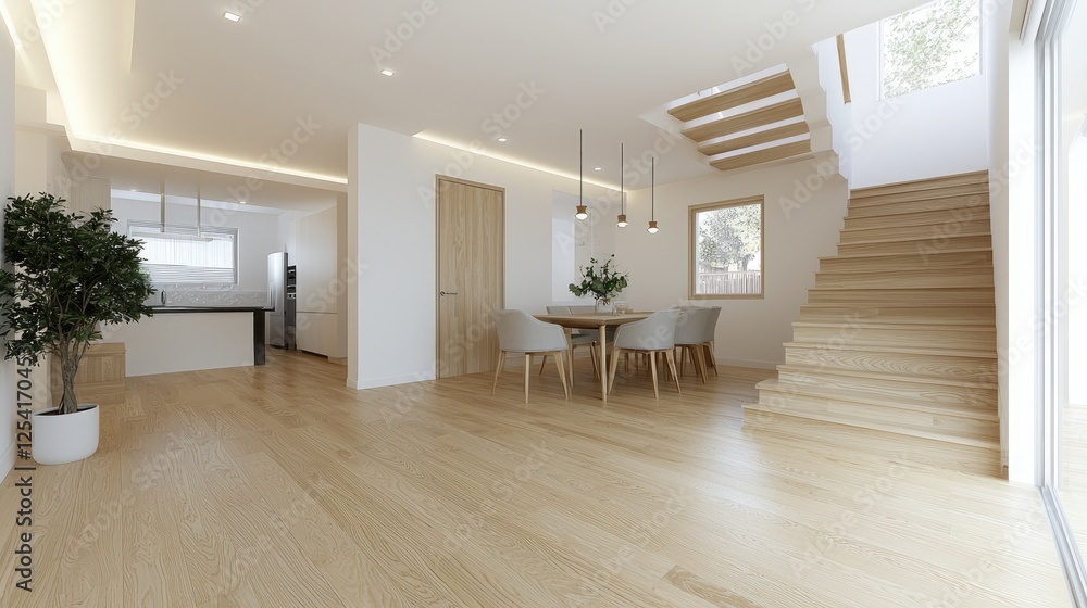 Fototapeta premium Modern minimalist home interior featuring a wooden dining table set and a matching wooden staircase under bright natural light.