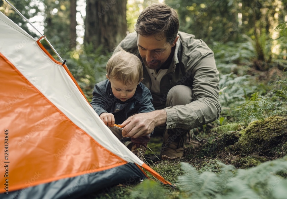 Father and toddler son set up a tent in the woods. A heartwarming camping moment. Father and toddler son set up a tent in the woods. A heartwarming camping moment.