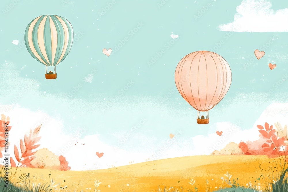 Obraz premium Hot air balloons gracefully drift over a colorful field adorned with gentle hearts and vibrant foliage. Generative AI
