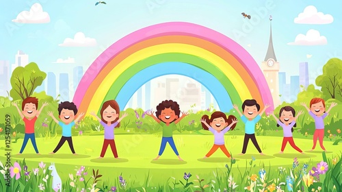 Healthcare International Kids Yoga Day Children celebrating under a vibrant rainbow.