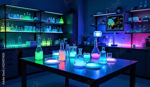 Colorful Lab Equipment with Glowing Fluids in Modern Laboratory Setting