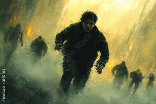 Wallpaper Mural Dramatic illustration of soldiers charging through a smoke-filled battlefield, depicting the intensity of combat Torontodigital.ca