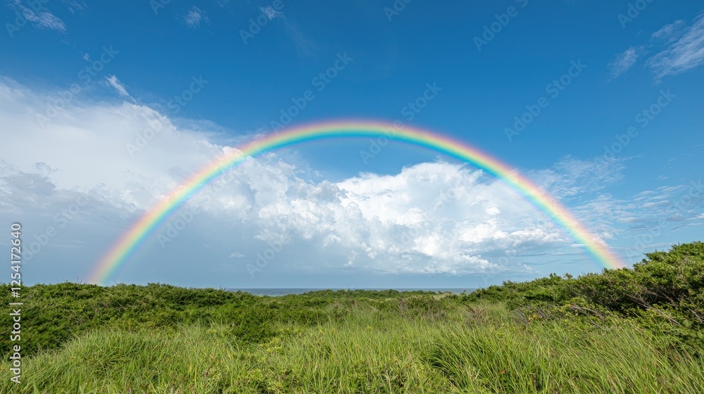 Naklejka premium Rainbow over grassy dunes, clear sky, vibrant colors, scenic landscape, nature's artistry, perfect for backgrounds, nature photography