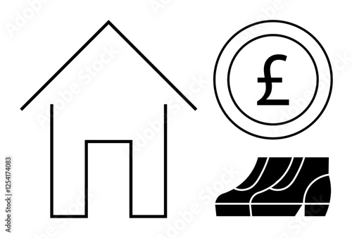 House outline, pound sterling coin, and ascending graph with steps conveying financial growth. Ideal for finance, real estate, economy, investments, business growth, home ownership and savings