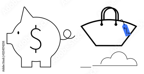Minimalist piggy bank with dollar sign and swirling tail beside shopping bag with blue price tag and cloud. Ideal for savings, shopping, financial planning, budgeting, consumerism, investments