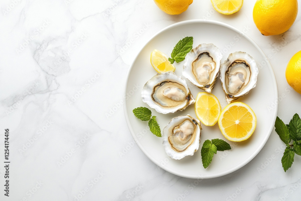 Oysters with lemon and mint on ice, elegant and fresh presentation. Oysters with lemon and mint on ice, elegant and fresh presentation.