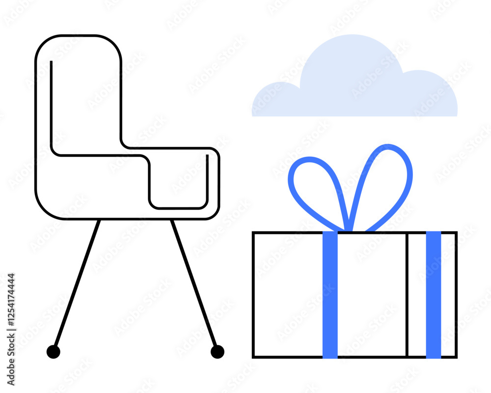 Fototapeta premium Modern minimalist chair next to a gift box adorned with a blue ribbon and a cloud above. Ideal for themes of celebration, relaxation, comfort, gifts, holidays, interior design, and simplicity. Line