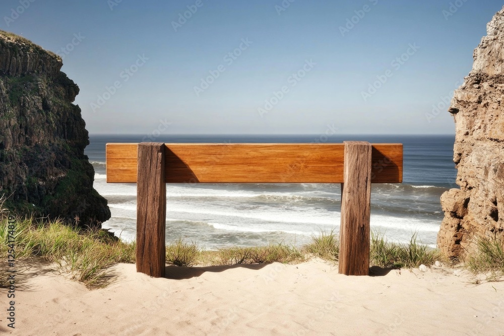 Serene coastal view with wooden bench between rocky cliffs overlooking ocean waves Serene coastal view with wooden bench between rocky cliffs overlooking ocean waves
