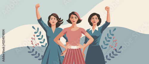 Young women with flowers and raised hands in protest. Postcard for women's day, equality day. Banner, poster, trendy illustration